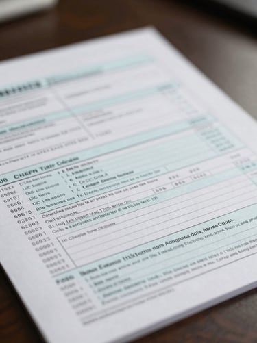 Close-up of printed tax filing documents on a desk, columns of figures visible, even studio lighting, no people, muted tones