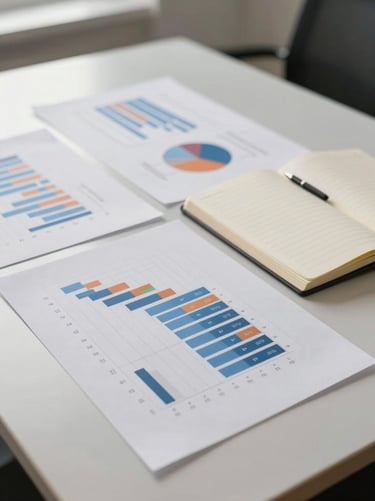 Wide shot of an orderly financial workspace, printed charts laid flat on a light desk surface, ruled notebook open beside them, bright even daylight from the left, no people