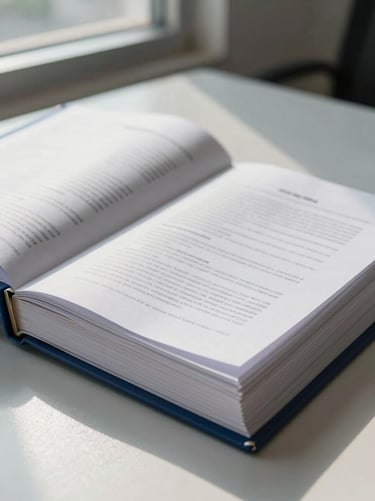 Close-up of a legal compliance binder with tabbed sections on a clean desk, fine printed text visible on the open page, cool north-facing window light, no people