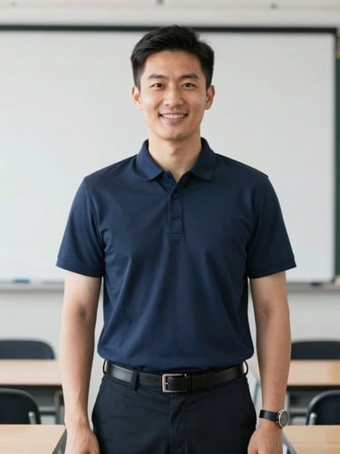 Professional male transit instructor in a navy polo shirt, clean classroom background, smiling confidently, crisp corporate photography