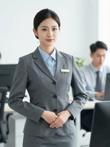 Professional female logistics coordinator in a slate gray uniform, bright modern office environment, sharp focus, crisp corporate photography