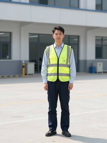 Professional male operations manager in a high-visibility safety vest over a clean uniform, modern maintenance facility, bright daylight, crisp corporate photography