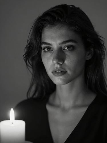 Chiaroscuro portrait of a young French woman with dark hair, calm and deep gaze, soft candlelight casting subtle shadows, monochrome black and white, editorial style.