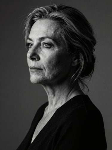 Chiaroscuro portrait of an elegant French woman in her late 40s, thoughtful expression, soft side lighting, monochrome black and white, editorial style.