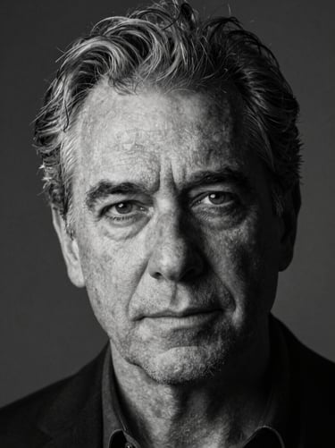 Chiaroscuro portrait of a distinguished man in his 50s with graying hair, warm and analytical gaze, soft lighting, monochrome black and white, editorial style.