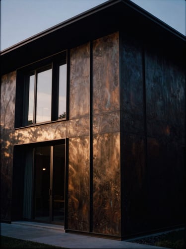 Low-key architectural shot of a patinated bronze facade on a modern luxury home, twilight setting, deep shadows, 35mm film