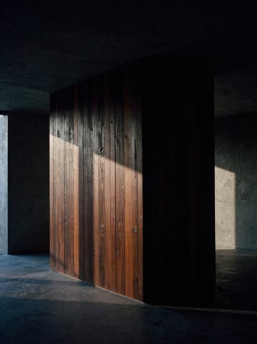 Architectural detail of a dark wood and cast concrete residence, dramatic side-lighting casting deep shadows across empty rooms, 35mm film