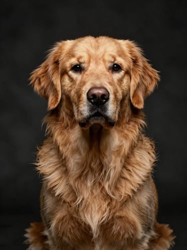 Studio portrait of a dignified golden retriever, dramatic low-key lighting, dark textured background, rich fur texture, soulful expression