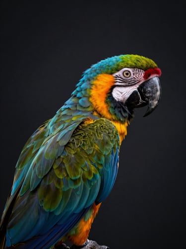 Studio profile of a colorful macaw parrot, dramatic single-source lighting, deep shadows, dark charcoal background, rich feather texture