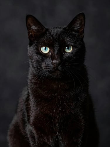 Studio portrait of a sleek black cat, dramatic low-key lighting, dark textured background, luminous eyes, rich texture