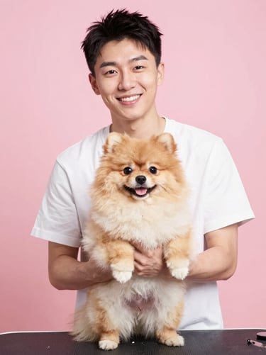 A professional groomer with a warm smile holding a fluffy Pomeranian, bright high-key lighting, soft pink backdrop, portrait aspect