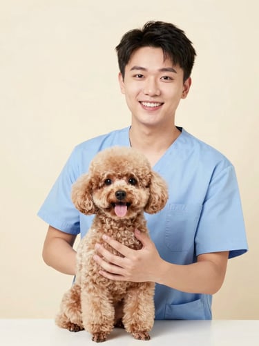 A friendly professional pet groomer smiling, holding a happy small poodle, bright studio lighting, soft cream backdrop, portrait aspect