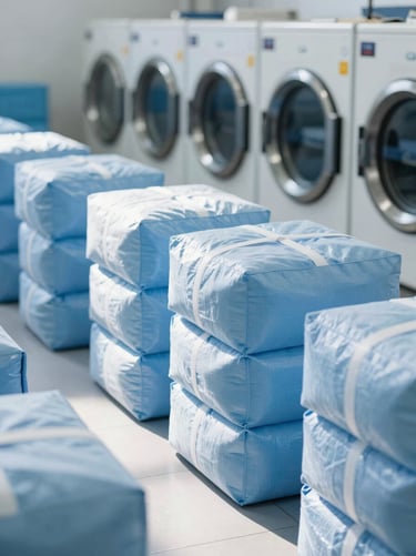 Bright clean industrial laundry facility floor, neatly stacked wrapped linen bundles, cool daylight, sharp focus, 35mm