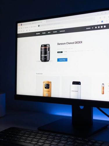Close-up of a monitor corner showing a clean e-commerce product page in a dark studio workspace, keyboard visible at the bottom edge, cool blue ambient light
