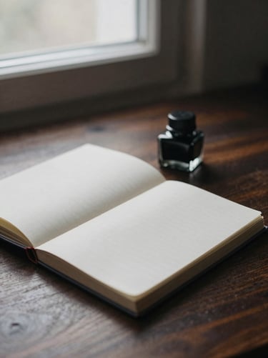 Atmospheric shot of an open notebook beside a vintage glass inkwell on a dark wooden desk, soft window light, deep shadows, moody editorial photography, 35mm.