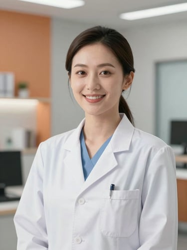 Portrait of a professional female radiologist in a white coat, smiling warmly, clean modern medical office background, 35mm
