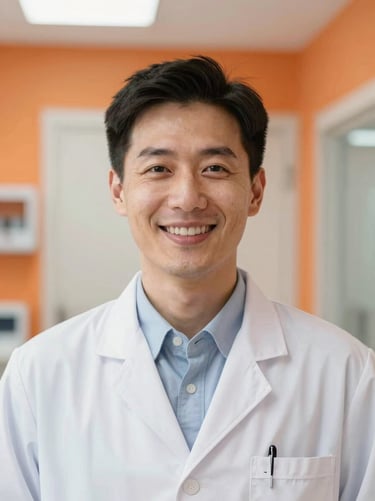Portrait of a professional male radiologist smiling warmly, wearing a white coat, bright clinical background with orange accents, 35mm