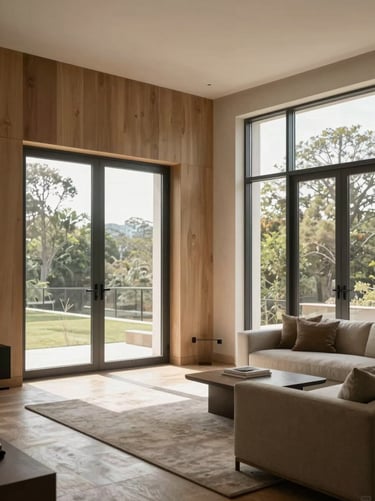 Wide shot of a modern open-concept living room with architectural millwork, large steel-frame windows, soft natural daylight