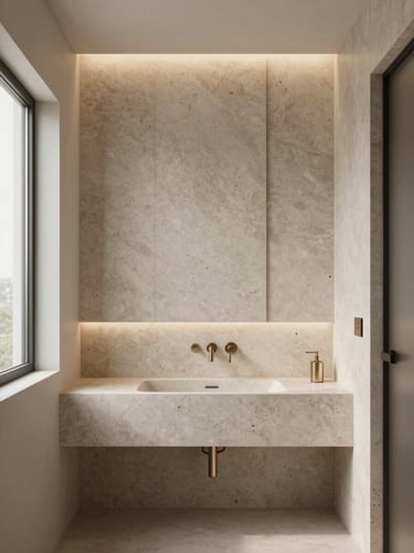 Minimalist modern bathroom with travertine stone walls, custom integrated lighting, brushed metal fixtures, diffused light