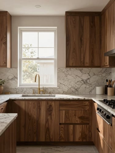 Straight-on architectural shot of a modern kitchen with grain-matched walnut cabinetry, natural quartzite countertops, soft window daylight