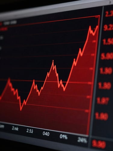 Extreme close-up of a high-contrast digital interface displaying red data charts, harsh directional light, deep shadows, minimalist composition.