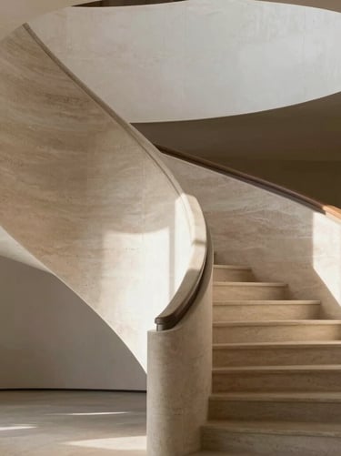 A close-up shot of architectural details inside a modern residence, showcasing beautiful curves of a staircase and warm neutral shadows on light stone, North American / Modern Western.