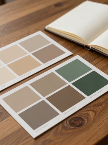 A flatlay of design mockups, color swatch cards in warm sand, taupe, and deep sage green, alongside an open creative notebook on an elegant oak table, North American / Modern Western.