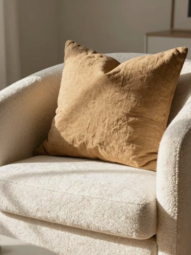 A close-up photography of a beautifully arranged modern living room corner, styled with a plush off-white bouclé armchair, a warm sand-toned linen pillow, and soft morning sunlight casting elegant shadows, capturing a premium interior design aesthetic, North American / Modern Western.