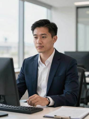 Portrait of a professional male risk analyst in a modern corporate workspace, bright daylight, focused and reliable expression, 35mm editorial corporate photography