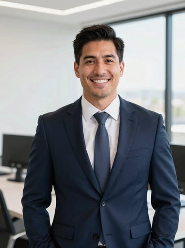 Portrait of a professional male insurance advisor in a clean, modern Mesa office, bright Arizona daylight, friendly and expert expression, 35mm editorial corporate photography