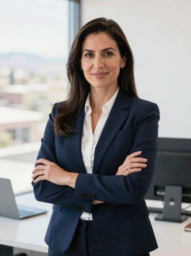Portrait of a professional female insurance advisor in a bright Mesa office, natural lighting, confident and trustworthy expression, 35mm editorial corporate photography