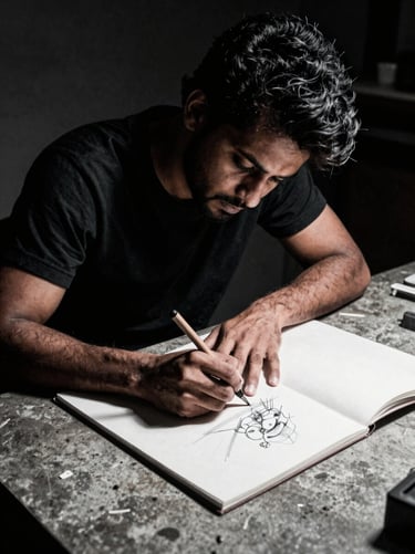 High-contrast portrait of Vijay at work sketching on a concrete desk, direct flash, dramatic chiaroscuro