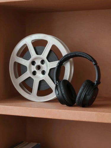 A minimalist still life photograph of a vintage film reel and a pair of modern headphones resting on a terracotta-colored shelf. Soft side-lighting creates a cozy, curated vibe.