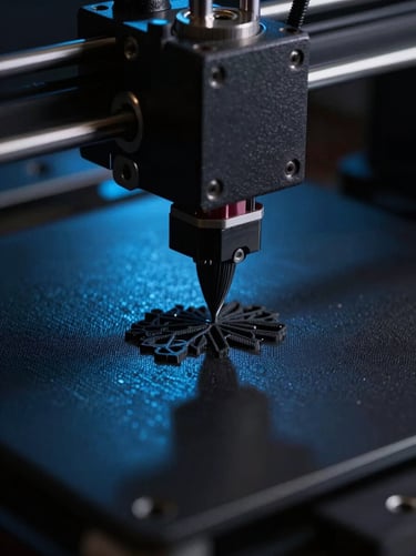 Macro shot of a 3D printer nozzle depositing black PETG filament, low-key lighting casting deep shadows on the textured build plate with electric blue highlights.