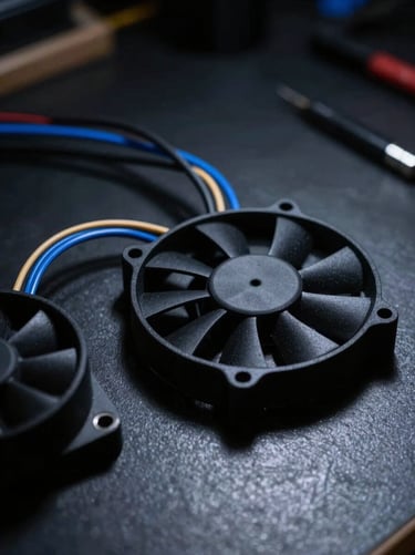 Close-up of exposed wiring harnesses and a custom matte black 3D printed fan housing on a dark workbench, dramatic single-source lighting.
