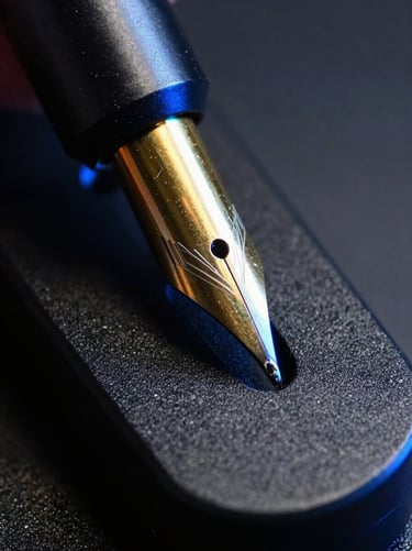 Extreme macro close-up of a brass pen plotter tip drawing high-contrast vector lines, catching the edge of matte black plastic with subtle blue ambient light.