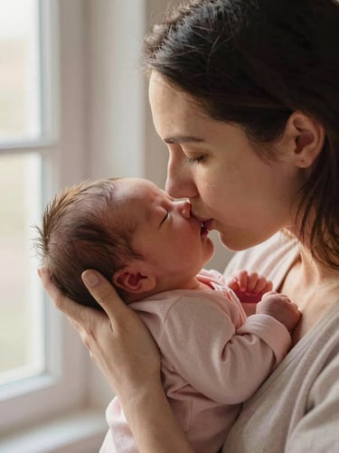 A mother gently kissing her newborn baby's forehead, soft natural window light, warm tones, intimate emotional moment