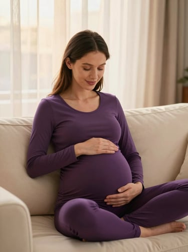 Serene pregnant woman sitting on a cream sofa, hands on belly, soft golden hour light filtering through sheer curtains