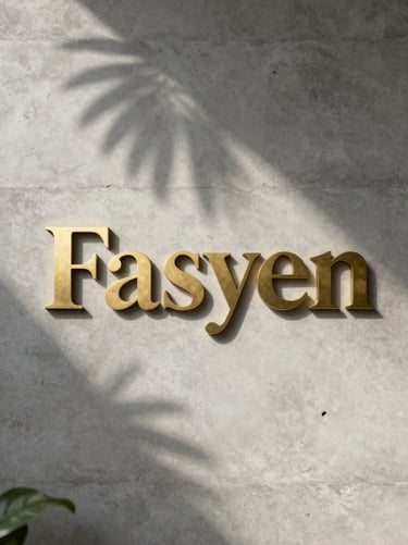 Close-up portrait of a minimalist concrete wall with soft shadow of a tropical leaf, elegant brass signage of Fasyen, diffused morning light.