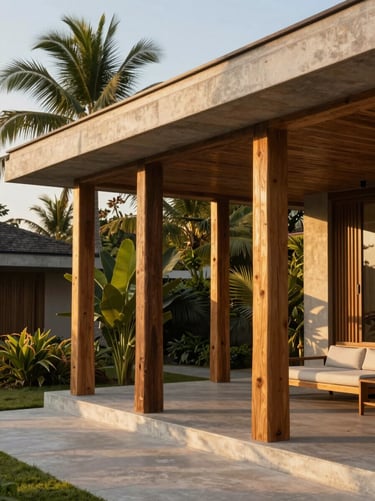 High-end eco resort pavilion with timber columns, tropical integration, architectural design, golden hour, 35mm lens