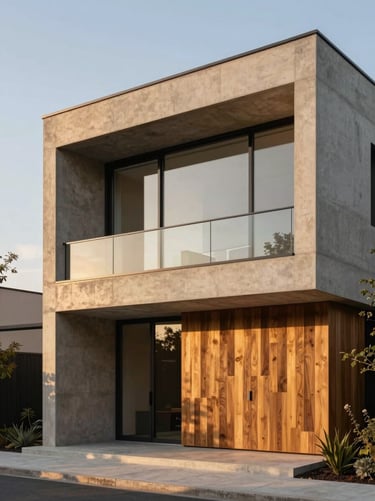 Contemporary luxury villa facade, concrete and glass architecture, golden hour light, 35mm lens