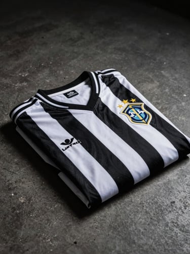 Classic black and white striped football shirt of a Brazilian club, folded on a dark concrete surface, studio lighting, 50mm lens