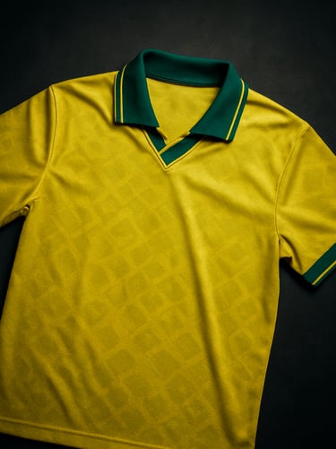 Vintage 1994 Brazilian football shirt flat lay, yellow and green, focus on retro collar, crisp details, 50mm lens