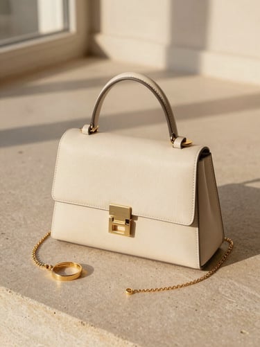 Lifestyle flatlay of a structured minimalist cream leather bag and gold jewelry on a sandstone surface, warm golden hour, shallow depth of field, 35mm