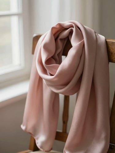 Close-up of a dusty rose silk scarf draped softly over a wooden chair, soft morning window light, shallow depth of field, 35mm