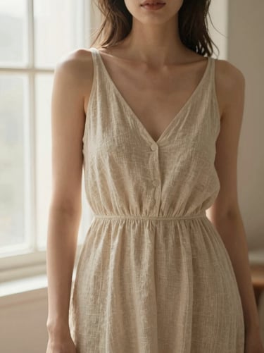 Medium editorial portrait of a woman wearing a flowing beige linen dress, soft morning window light, warm tones, shallow depth of field, 35mm