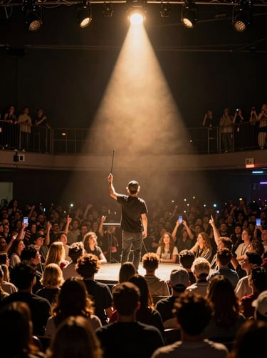 Dramatic stage lighting over a massive crowd in New Jersey, warm golden spotlight