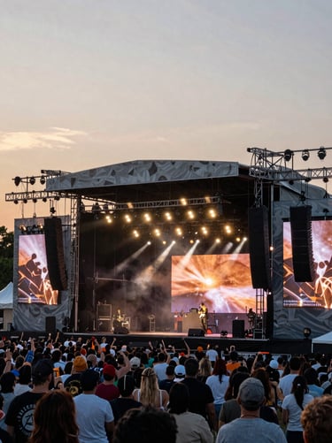 Wide-angle outdoor festival stage at sunset in New York City, warm spotlights