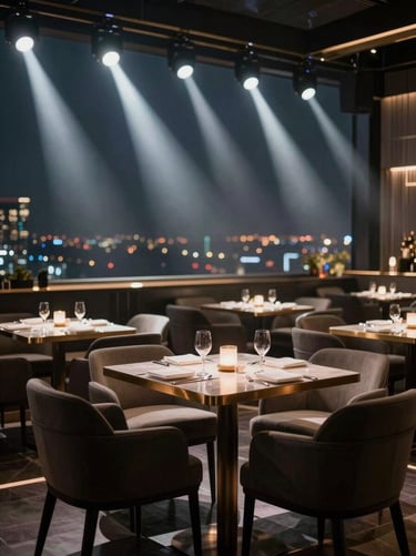 Low-key luxury rooftop lounge with dramatic stage spotlights and deep shadows
