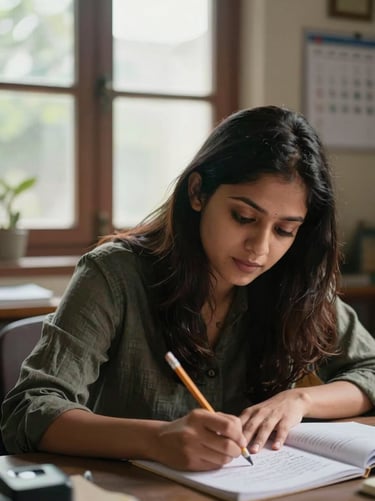 Close-up portrait of a female tutor in her late twenties reviewing handwritten notes at a study table, soft natural window light, pencil in hand, home study room background with a wall calendar visible, residential Patna interior
